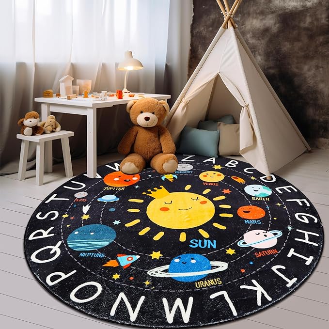 Round ABC Kids Rug,5.2 Ft Soft Circle Alphabet Playroom Rug,Washable Non-Slip Solar System Kids Play Rug,Space Educational Rug Kids Carpet for Classroom Playroom Bedroom Kids Room Decor - LeafyLoom