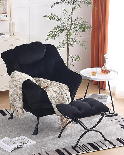 Lazy Chair with Ottoman, Modern Chair with Folding Footrest, Lounge Accent Chair, Comfortable Reading Chair for Bedroom, Study, Living Room, Small Space (Plush Black) - LeafyLoom