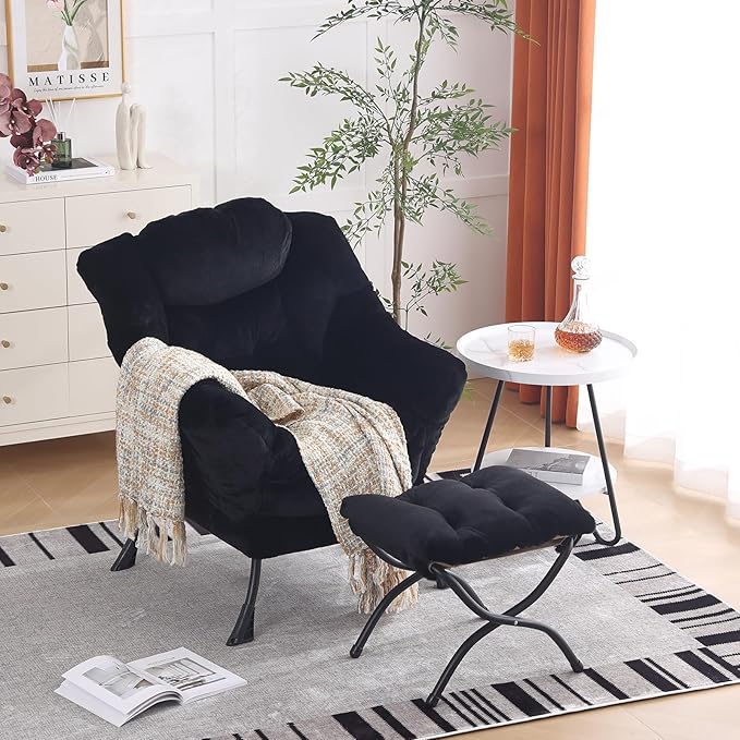 Lazy Chair with Ottoman, Modern Chair with Folding Footrest, Lounge Accent Chair, Comfortable Reading Chair for Bedroom, Study, Living Room, Small Space (Plush Black) - LeafyLoom