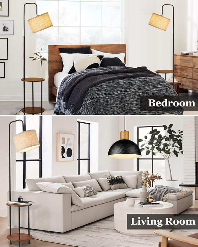 ELYONA Modern Floor Lamp with End Table, Rubber Wood Bedside Table Lamp with Adjustable Drum Shade, Rustic Tall Pole Shelf Reading Standing Light for Farmhouse Bedroom, Living Room, Office - Walnut - LeafyLoom