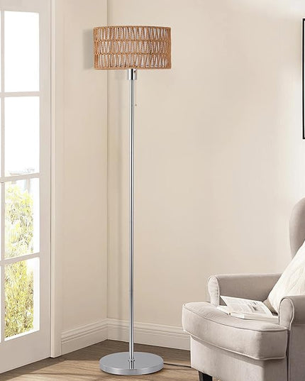 Rattan Floor Lamp for Living Room, Boho Standing Lamp with 3 Color Temperatures, Farmhouse Floor Lamp Wicker Lamp Double Shades, Bohemian Floor Lamps for Bedroom, Office(Chrome) - LeafyLoom