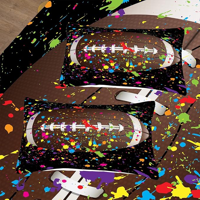Tailor Shop Football Comforter Set for Boys Teens Kids Black Splash Ink Colorful Sports Football Bedding Set Queen Size with 1 Comforter 2 Pillow Shams…… - LeafyLoom