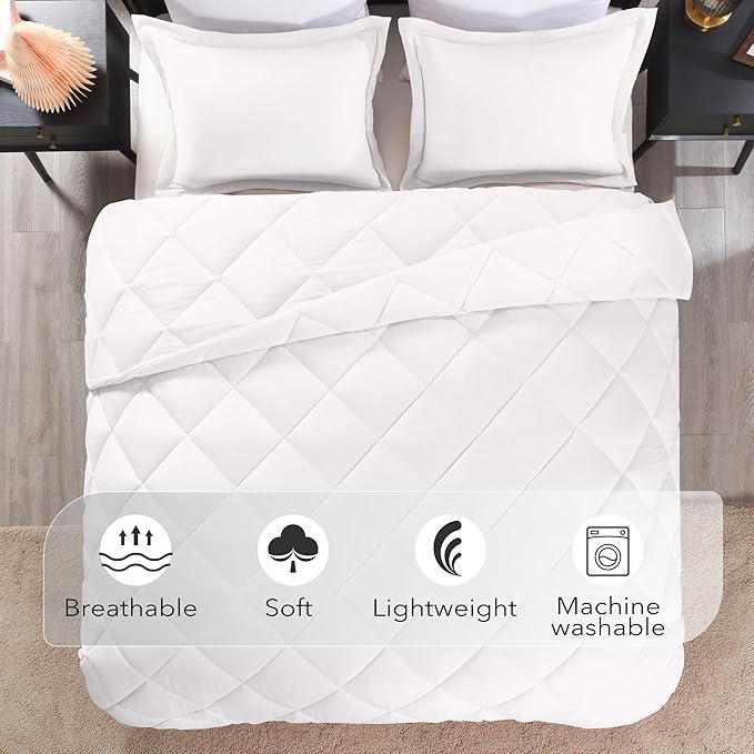 downluxe Queen Comforter Set - White Comforter Set Queen, 3 Pieces Solid Comforter Set Queen Size for All Seasons, 1 Lightweight Fluffy Comforter (88"x92") and 2 Pillow Shams - LeafyLoom