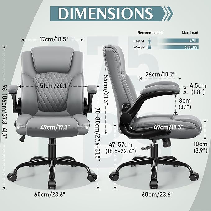 Leather Office Chair, PU Home Computer Desk Chairs with Ergonomic Back Support, 360°Swivel Free，Small Gmaing Chair with Wheels and Adjustable Armrests, for Short People Use, Gray - LeafyLoom