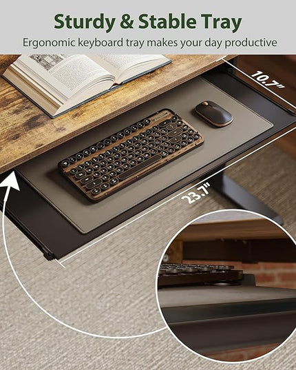 Height Adjustable Desk with Keyboard Tray, 55 x 24 Inches Electric Standing Desk, Stand up Computer Table with Memory Preset, Rustic Brown, Splice Board - LeafyLoom