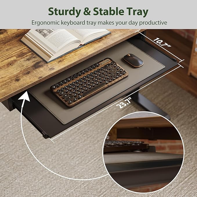 Height Adjustable Desk with Keyboard Tray, 55 x 24 Inches Electric Standing Desk, Stand up Computer Table with Memory Preset, Rustic Brown, Splice Board - LeafyLoom