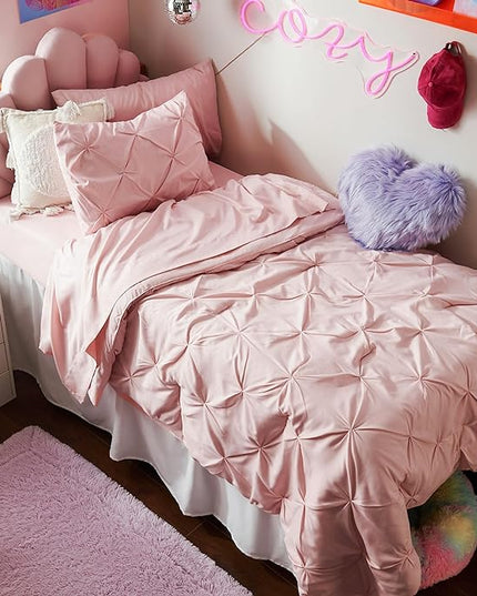 Bedsure Twin XL Comforter Set for Girls - Extra Long 5 Pieces Dorm Bedding Sets, Pinch Pleat Pink Bed in a Bag with Comforter, Sheets, Pillowcase & Sham - LeafyLoom