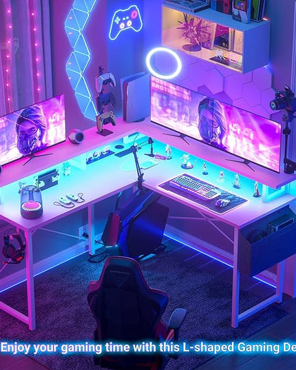 armocity L Shaped Computer Desk with Power Outlets, Gaming Desk L Shaped with LED Lights, Corner Desk with Storage Shelves, Work Study Desk for Bedroom, Home Office Small Spaces, 47'', Pink - LeafyLoom