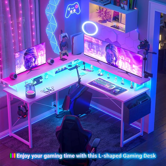 armocity L Shaped Computer Desk with Power Outlets, Gaming Desk L Shaped with LED Lights, Corner Desk with Storage Shelves, Work Study Desk for Bedroom, Home Office Small Spaces, 47'', Pink - LeafyLoom