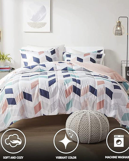 Comfort Spaces Kylar Cozy Comforter Set, Vibrant Chevron Ruching Design with Solid Reverse, All Season Down Alternative Bedding with Matching Sham, Full/Queen (88 in x 92 in), Multi/Blush 3 Piece - LeafyLoom