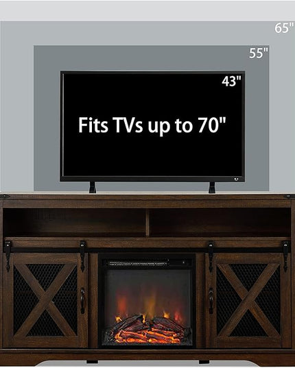 Okvnbjk Fireplace TV Stand for TVs up to 70", Entertainment Center with 18" Electric Fireplace, Farmhouse TV Stand Industrial Media Console with Sliding Barn Door for Living Room, 58 Inch, Dark Walnut - LeafyLoom