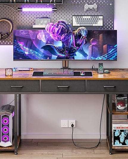 AODK 55 Inch Office Desk with Fabric Drawers & Power Outlets, Computer Desk with Storage Shelves & CPU Stand, Study Table, Writing Desk for Bedroom, Vintage - LeafyLoom