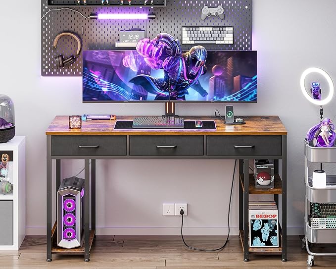 AODK 55 Inch Office Desk with Fabric Drawers & Power Outlets, Computer Desk with Storage Shelves & CPU Stand, Study Table, Writing Desk for Bedroom, Vintage - LeafyLoom