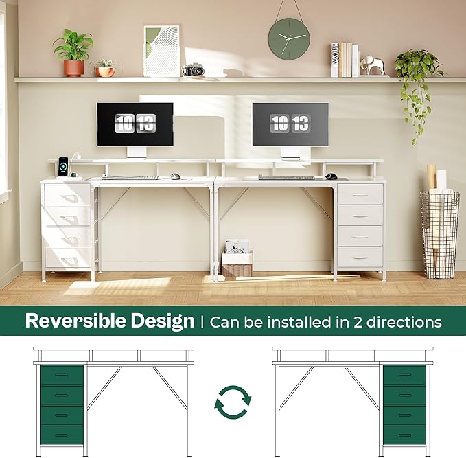 47 Inch Computer Desk with Power Outlets and LED Lights, Gaming Desk with 4 Drawers, Office Desk with Monitor Stand, Study Desk Work Desk for Home Office, Small Spaces, White - LeafyLoom