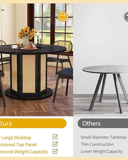 DWVO Round Dining Table for 4-6 People, 47 Inch Farmhouse Kitchen Table with Rattan Circular Base, Wooden Dinner Table for Dining Room Family Gathering, Black - LeafyLoom