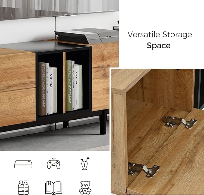 Modern Inch Stand with 3 Doors-Versatile Media Console Table, Large Storage Entertainment Center for Living Room, Bedroom Decor, Support 80" TV, Natural Wood - LeafyLoom