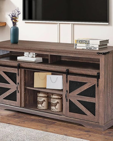 Zanzio 66" Farmhouse TV Stand for up to 75 inch TVs, Rustic Entertainment Center Media Console Table with Sliding Barn Doors Living Room Bedroom Wooden TV Cabinet (Distressed Brown) - LeafyLoom