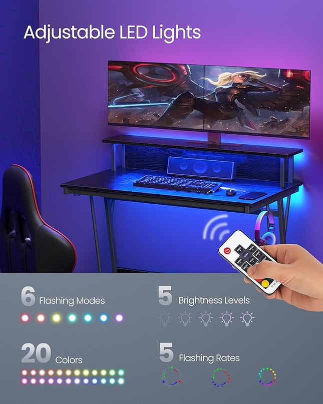 VASAGLE LED Gaming Desk with Power Outlets, Computer Desk with USB Ports, Office Desk with Monitor Stand for 2 Monitors, with Hooks, for Bedroom, 23.6 x 39.4 x 29.5 Inches Ebony Black ULWD091B56 - LeafyLoom