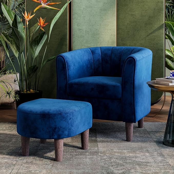 Velvet Accent Chair, Barrel Chair with Ottoman, Modern Comfy Reading Chair Armchair for Living Room Study Room Office, Blue - LeafyLoom