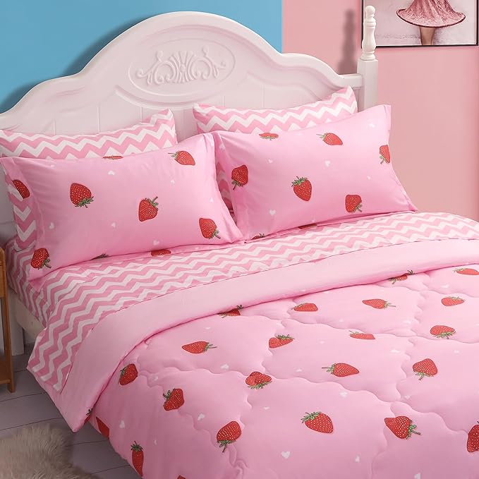 Strawberry Comforter Bedding Set Twin Size for Girls 7 Piece Pink Kawaii Comforter Set Bed in A Bag for Kids Teens All Season (1 Comforter,1 Flat Sheet,1 Fitted Sheet and 4 Pillow Sham) - LeafyLoom