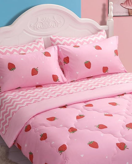 Girls Strawberry Comforter Set Queen Size - 7 Piece Bed in A Bag Bedding Set for Kids Teens - All Season (1 Comforter,1 Flat Sheet,1 Fitted Sheet and 4 Pillow Sham) Pink - LeafyLoom