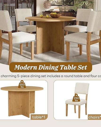 Modern Round Pedestal Kitchen 4 Upholstered Chairs, Rubber Wood, Easy Assembly, for Studio, Apartment, Small Places, Room, 5 Piece Dining Table Set, Natural 15 - LeafyLoom