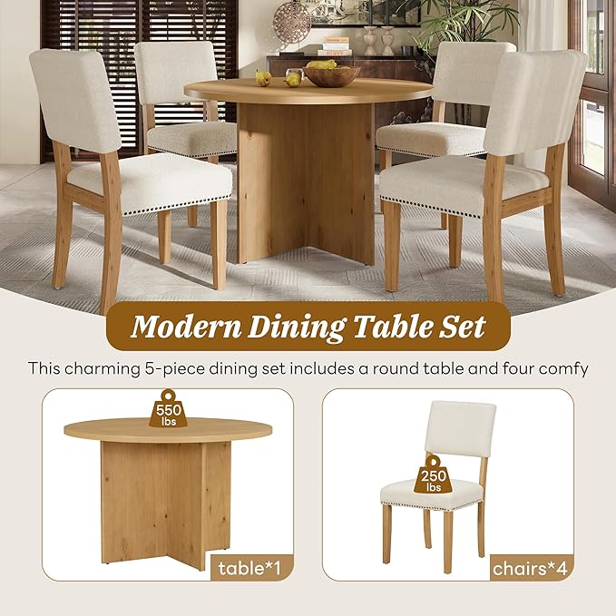 Modern Round Pedestal Kitchen 4 Upholstered Chairs, Rubber Wood, Easy Assembly, for Studio, Apartment, Small Places, Room, 5 Piece Dining Table Set, Natural 15 - LeafyLoom