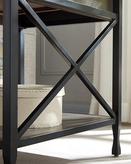 Leick Home 23007 Chisel & Forge One Drawer X Design Mixed Metal and Wood Side Table with Shelf, Smoke Gray and Matte Black, 22 in x 24 in x 24 in - LeafyLoom