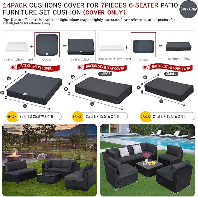 ClawsCover 14Pack Outdoor Patio Seat and Back Cushions Replacement Covers Fit for 7Pieces 6-Seater Wicker Rattan Sectional Couch Chair Furniture Set,Dark Grey-Include Cover Only (Large) - LeafyLoom