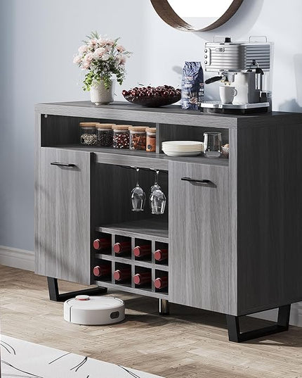 DWVO Coffee Bar Cabinet, 47" Modern Sideboard Buffet Cabinet with Storage, Wine Bar Cabinets with Wine and Glass Rack, Console Table for Kitchen & Living Room, Grey Oak - LeafyLoom