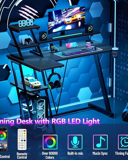 L Shaped Gaming Desk with LED Lights & Power Outlet, 39 Inch Computer Desk with Extra Storage Shelves, Reversible Gamer Workstations with Monitor Stand for Bedroom, Carbon Fiber Black - LeafyLoom
