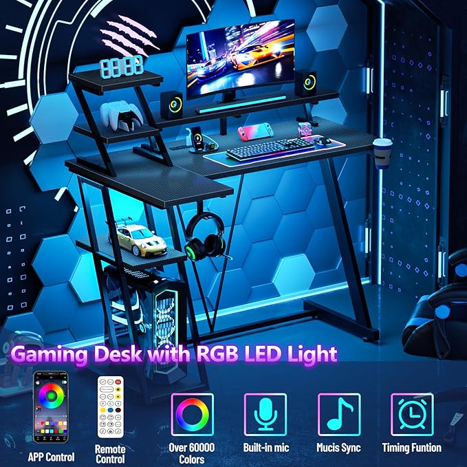 L Shaped Gaming Desk with LED Lights & Power Outlet, 39 Inch Computer Desk with Extra Storage Shelves, Reversible Gamer Workstations with Monitor Stand for Bedroom, Carbon Fiber Black - LeafyLoom
