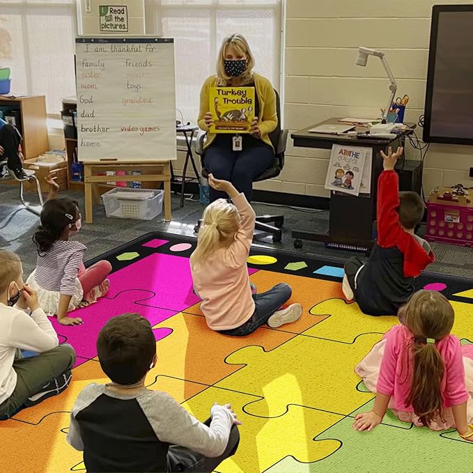 Booooom Jackson Large Classroom Rug Colorful Puzzle Classroom Carpet 7'5"x13'Area Rug with Non-Slip Backing School Classroom Seating Carpet Elementary(shense-4023) - LeafyLoom