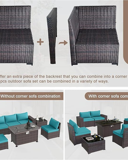 Patio Furniture Sectional Sofa Set 7 Pieces PE Rattan Outdoor Furniture w/43in Gas Fire Pit Table, Patio Conversation Set with 55000 BTU Propane Fire Pit, Blue - LeafyLoom