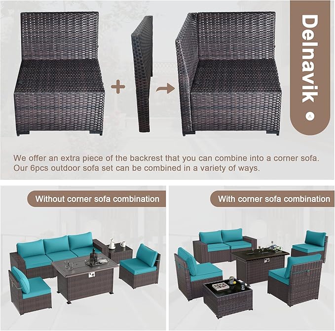 Patio Furniture Sectional Sofa Set 7 Pieces PE Rattan Outdoor Furniture w/43in Gas Fire Pit Table, Patio Conversation Set with 55000 BTU Propane Fire Pit, Blue - LeafyLoom