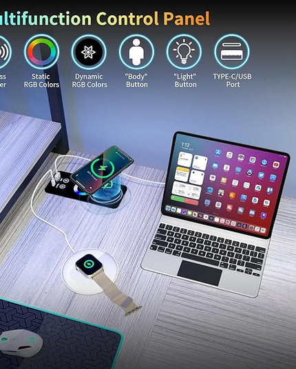 Lvifur 67” L Shaped Desk with Wireless Charging Station,24-Color RGB Dimmable Computer Desk with Pegboard,Gaming Desk with Monitor Stand, Display Stand,Human Sensor Lights for Home Office - LeafyLoom