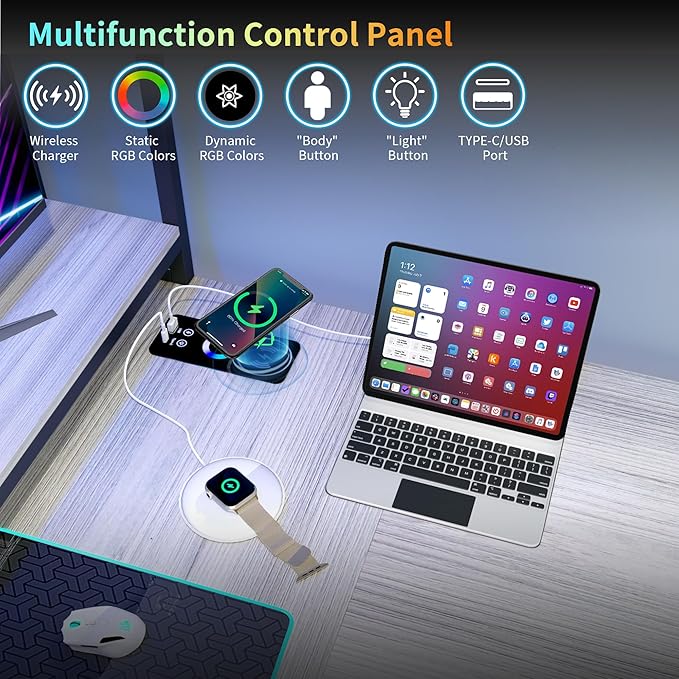 Lvifur 67” L Shaped Desk with Wireless Charging Station,24-Color RGB Dimmable Computer Desk with Pegboard,Gaming Desk with Monitor Stand, Display Stand,Human Sensor Lights for Home Office - LeafyLoom