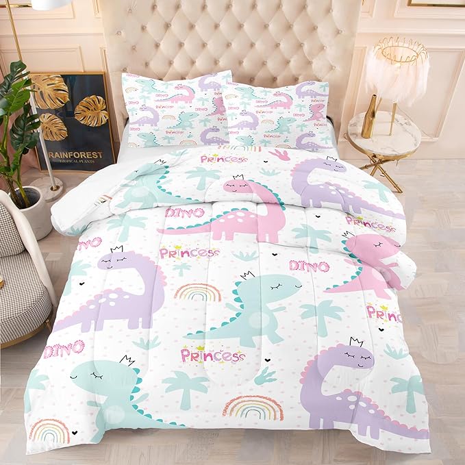 NINENINE Girls Comforter Sets Full,Dinosaur Bedding Sets Full Size,Comforter Sets for Girls,Princess Bedding Set Cute Bed Sets with Pillowcases - LeafyLoom
