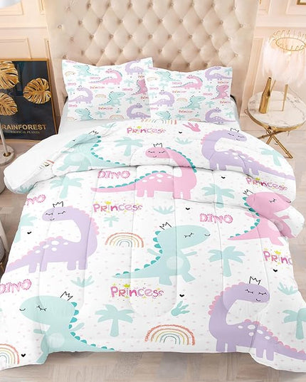 NINENINE Twin Bedding Sets for Girls Dinosaur Comforter Set Princess Bedding Toddler Comforter Sets for Kids Cute Bed Sets with 1 Comforter 1 Pillowcase - LeafyLoom