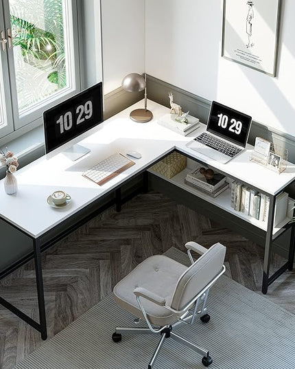 CubiCubi L Shaped Desk, 55.1 inch Corner Computer Desk with Storage Shelves, Home Office Desk with Bookshelf for Writing Gaming Study, White - LeafyLoom