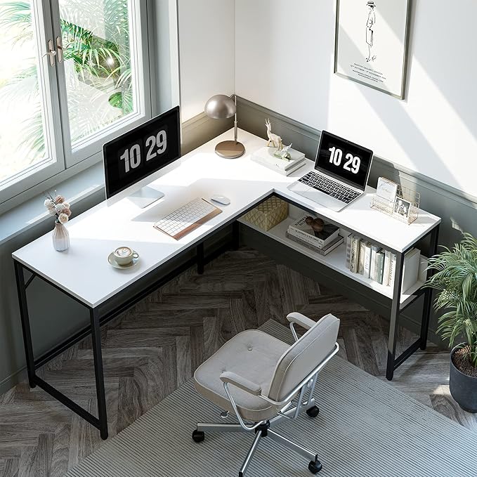 CubiCubi L Shaped Desk, 55.1 inch Corner Computer Desk with Storage Shelves, Home Office Desk with Bookshelf for Writing Gaming Study, White - LeafyLoom