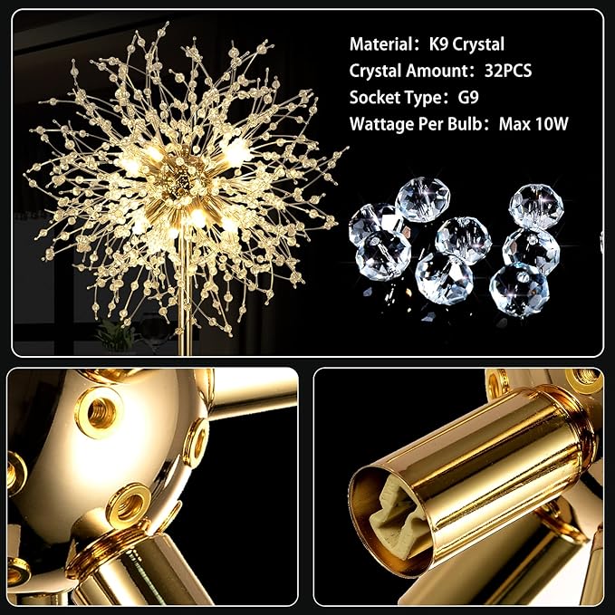 69 inch Crystal Floor Lamp, Modern Standing Lamp with K9 Crystal, LED Floor Lamp with On/Off Foot Switch, Metal Tall Pole Lamp for Living Room, Girls Room, Bedroom, Dresser, Office, Gold Finish - LeafyLoom