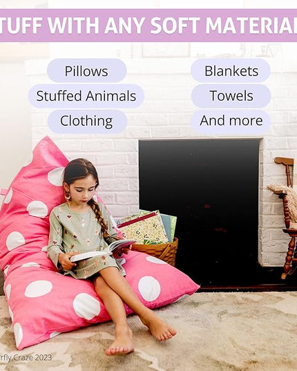 Butterfly Craze Bean Bag Chair Cover, Functional Toddler Toy Organizer, Fill with Stuffed Animals to Create a Jumbo, Comfy Floor Lounger for Boys or Girls, Stuffing Not Included, Pink Polka Dots - LeafyLoom