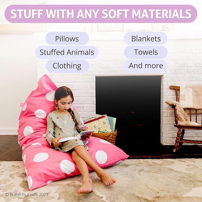 Butterfly Craze Bean Bag Chair Cover, Functional Toddler Toy Organizer, Fill with Stuffed Animals to Create a Jumbo, Comfy Floor Lounger for Boys or Girls, Stuffing Not Included, Pink Polka Dots - LeafyLoom