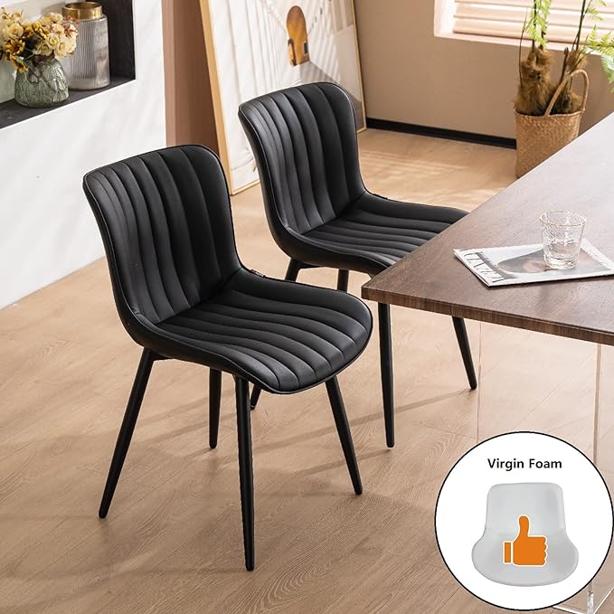 YOUNUOKE Black Dining Chairs Set of 2 Upholstered Mid Century Modern Kitchen Chair Armless Faux Leather Accent Dinning Side Chairs with Back and Metal Legs for Guest Waiting Reception Living Room - LeafyLoom