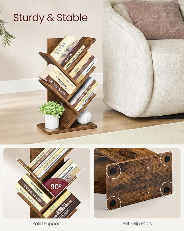 VASAGLE Tree Bookshelf, 5-Tier Bookcase, Small Bookshelf, Space-Saving Corner Shelf, Book Tree, Holds Books, CDs, Games, for Bedroom, Living Room, Home Office, Rustic Brown ULBC183X01 - LeafyLoom