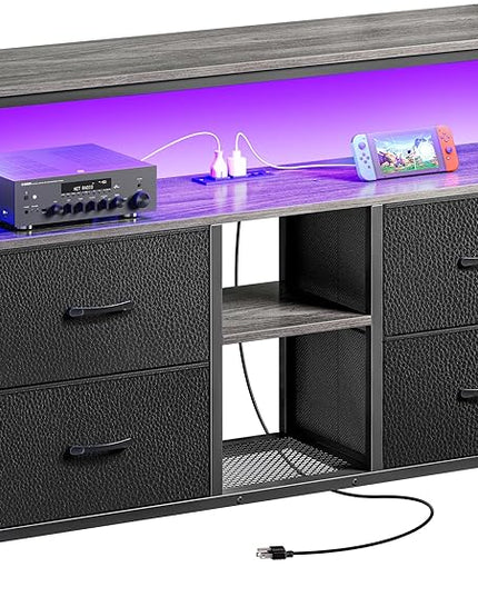 TV Stand Dresser with Power Outlets and LED Lights, 4 Drawers Entertainment Center with Open Shelf, Media Console for 50 43 Inch TV, Dresser with PU Finish, Grey and Black - LeafyLoom