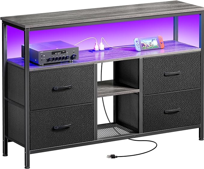 TV Stand Dresser with Power Outlets and LED Lights, 4 Drawers Entertainment Center with Open Shelf, Media Console for 50 43 Inch TV, Dresser with PU Finish, Grey and Black - LeafyLoom