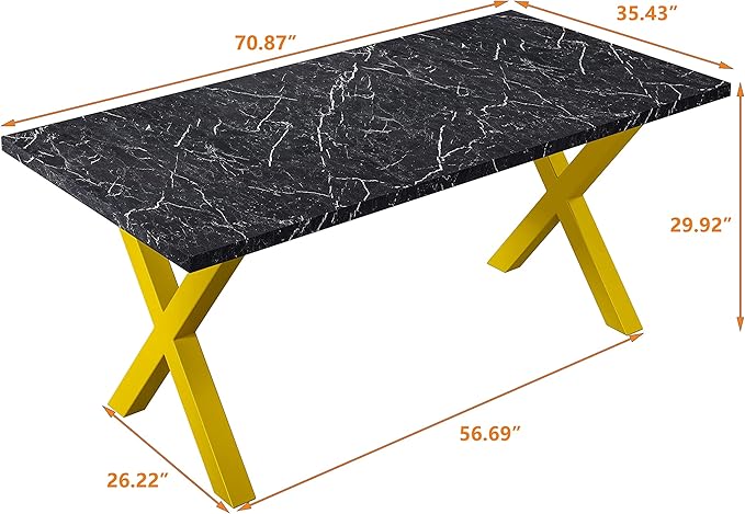 NicBex Dining Table Contemporary Kitchen Table Farmhouse Rustic 70.87" Square Dining Table with Printed Black Marble Table Top+Gold X-Shape Table Leg Rectangular Dining Table, Black +Gold - LeafyLoom