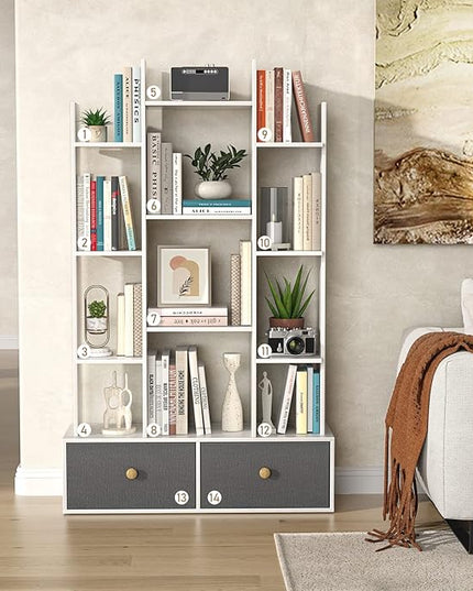 Unikito Bookshelf with 2 Drawers Free Standing Bookcase, Office Storage Shelf Organizer with 12 Open Bookshelves, Industrial Wood Book Case Display Rack for Bedroom, Living Room, Home Office, White - LeafyLoom